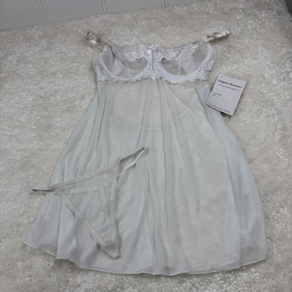 Elegant Moments Babydoll Lingerie Women Large White Lace Mesh Open Back 4864